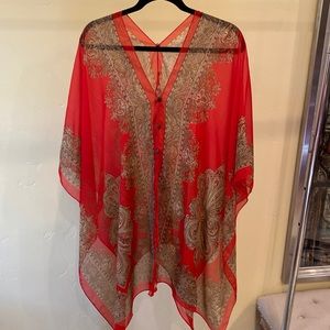 Beautiful red silk shawl with a brown button detail. OS
